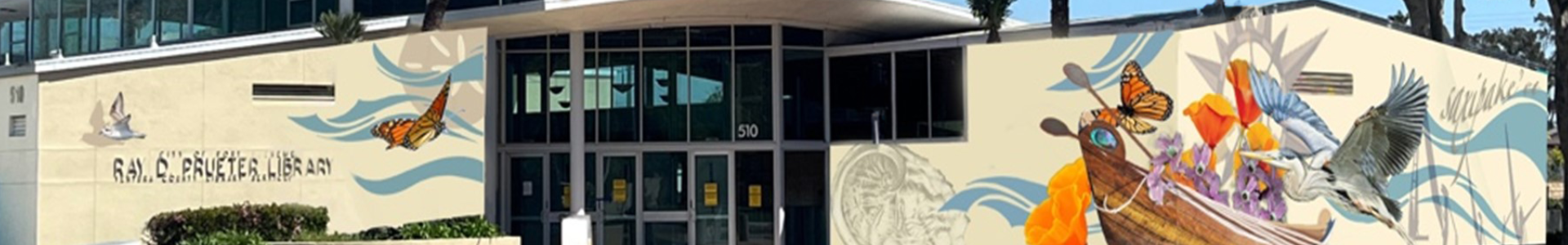 Artist overlay and rendering of the mural on the front of the Ray D. Prueter Library in Port Hueneme, CA