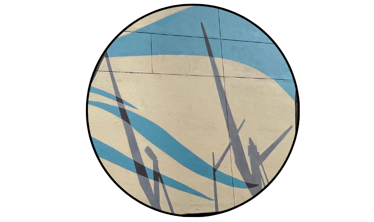 Close-up photo of the Shipping Cranes on the Prueter Library Mural