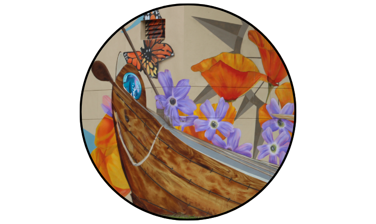 Close-up photo of the Chumash tomal (canoe) on the Prueter Library Mural