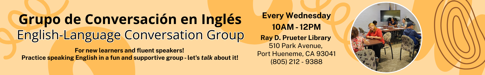 Orange Banner promoting English Conversation Group