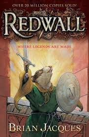 cover image of "redwall" by brian jacques - a mouse knight brandishing a sword