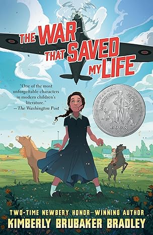 Book cover image "The war that saved my life" - young girl standing in a field as a fighter jet passes overhead 