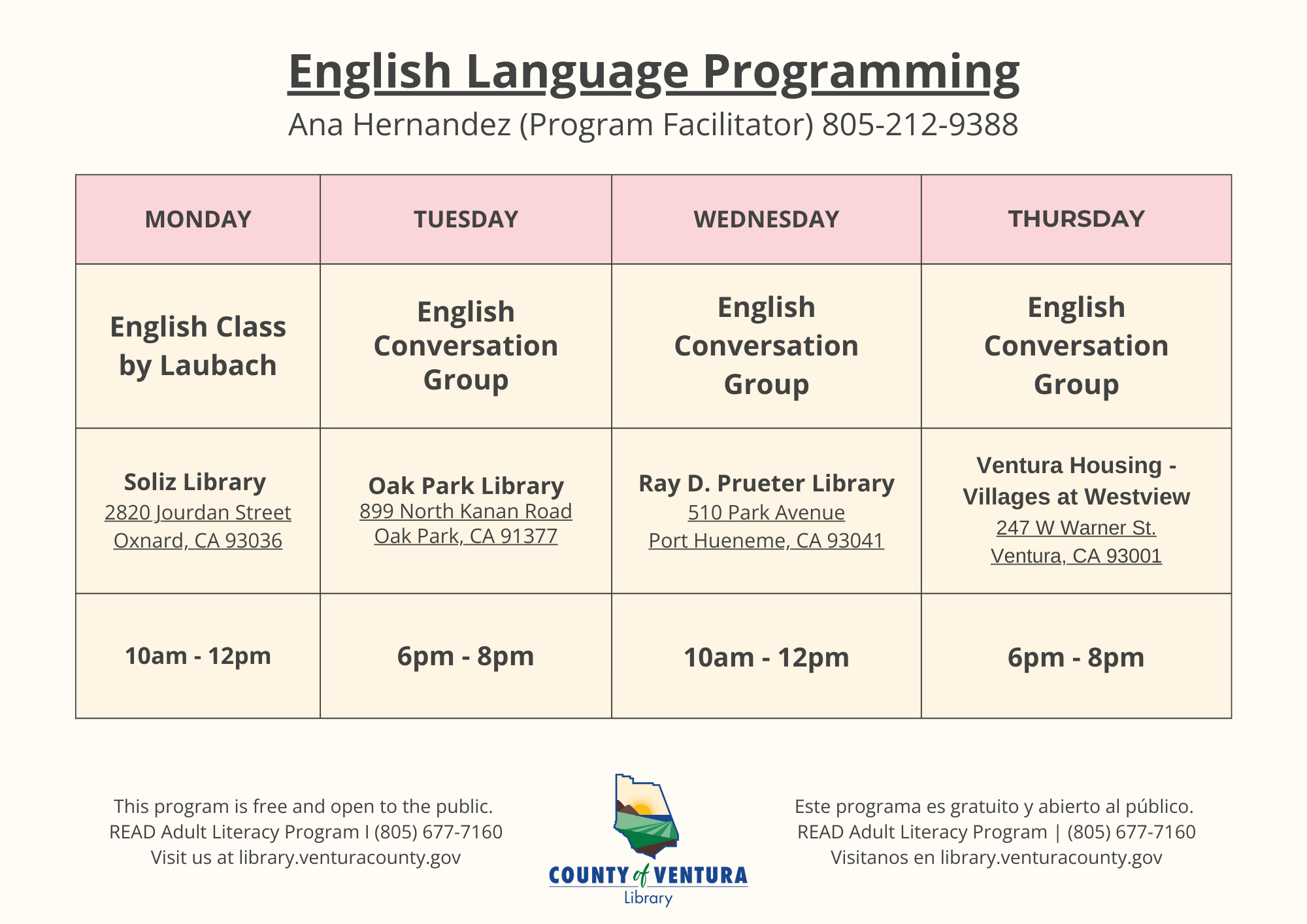 List of ESL Programs at Ventura County Library. Call 805-677-7160
