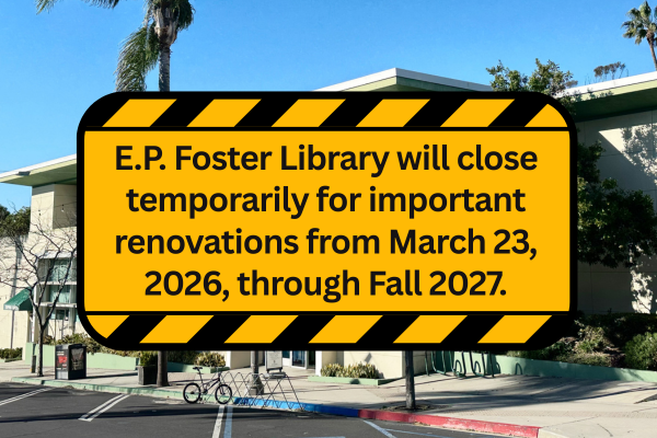 Text on a background image of the library: E.P. Foster Library will close temporarily for important renovations from March 23, 2026, through Fall 2027.
