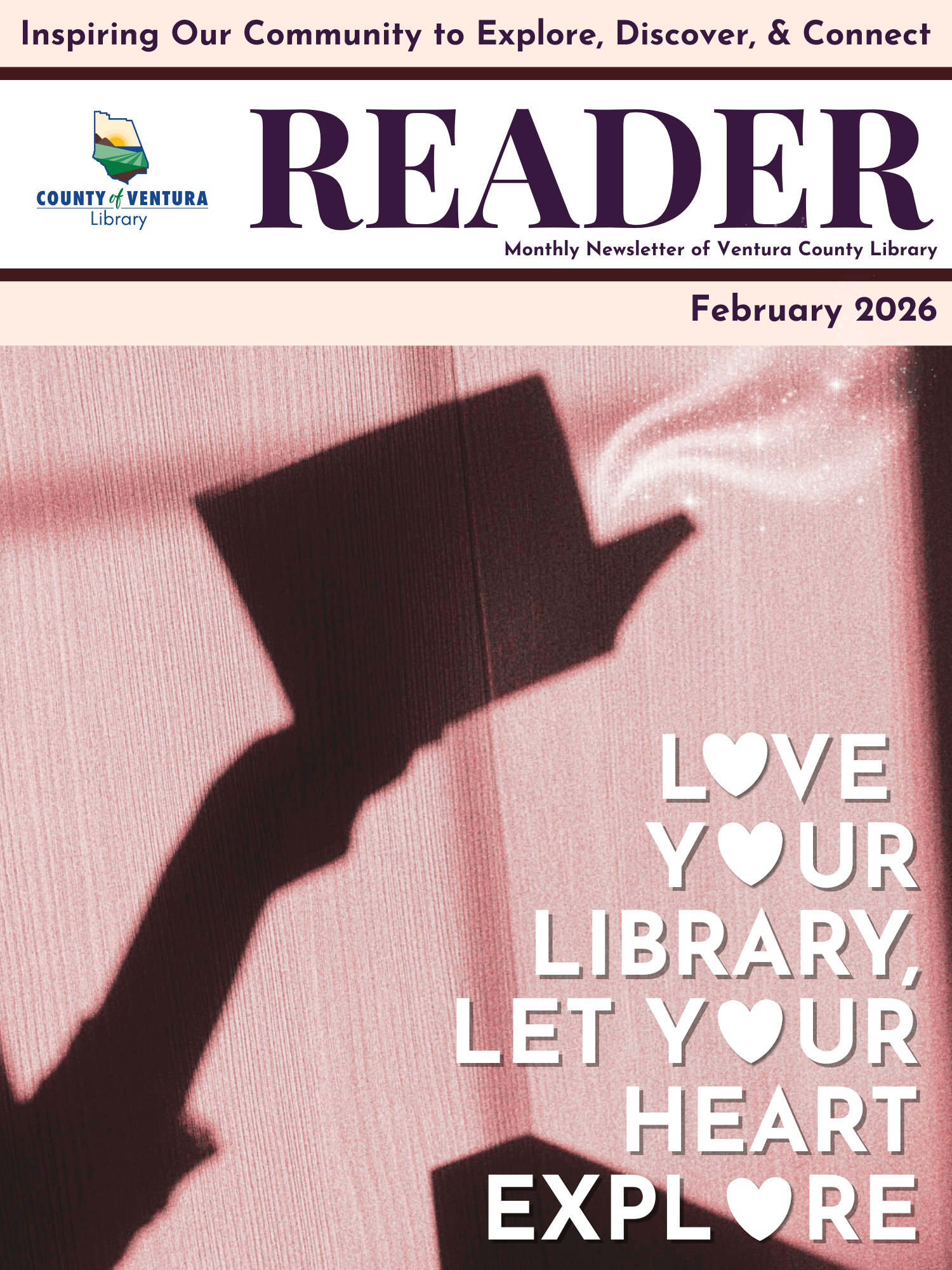 Cover of Feburary f VCL Newsletter featuring a pink background and book shadow
