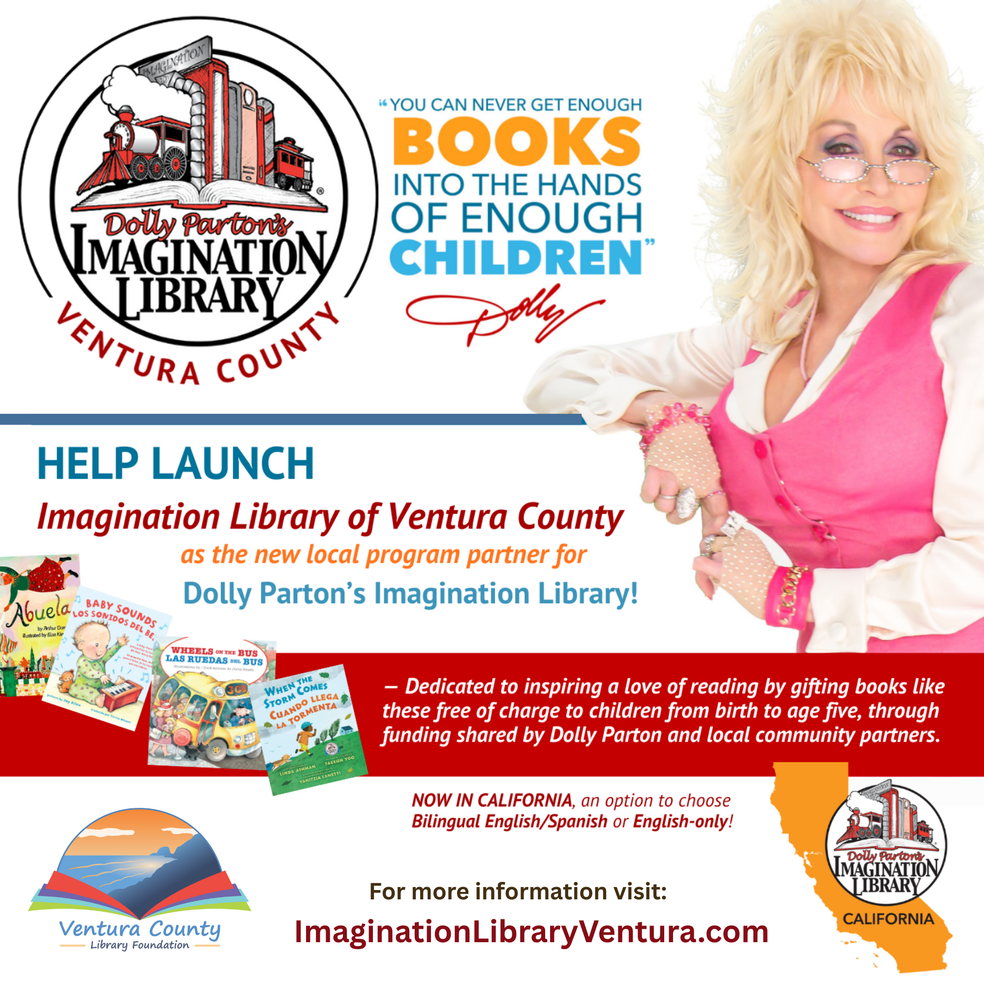 Dolly Parton's image on flyer promoting the Ventura County Imagination Library