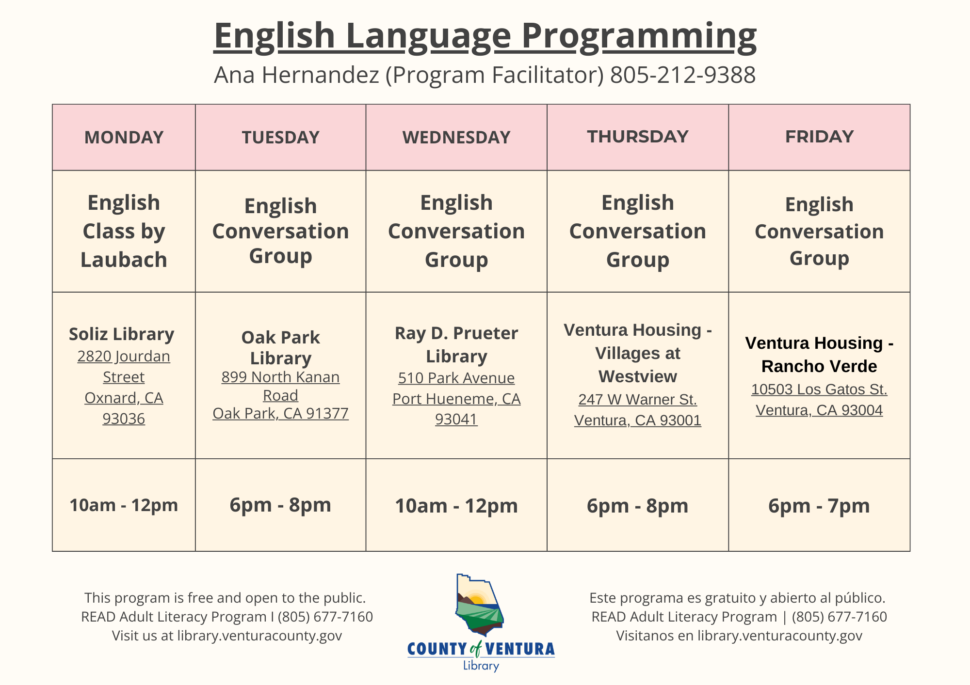 List of ESL Programs at Ventura County Library. Call 805-677-7160