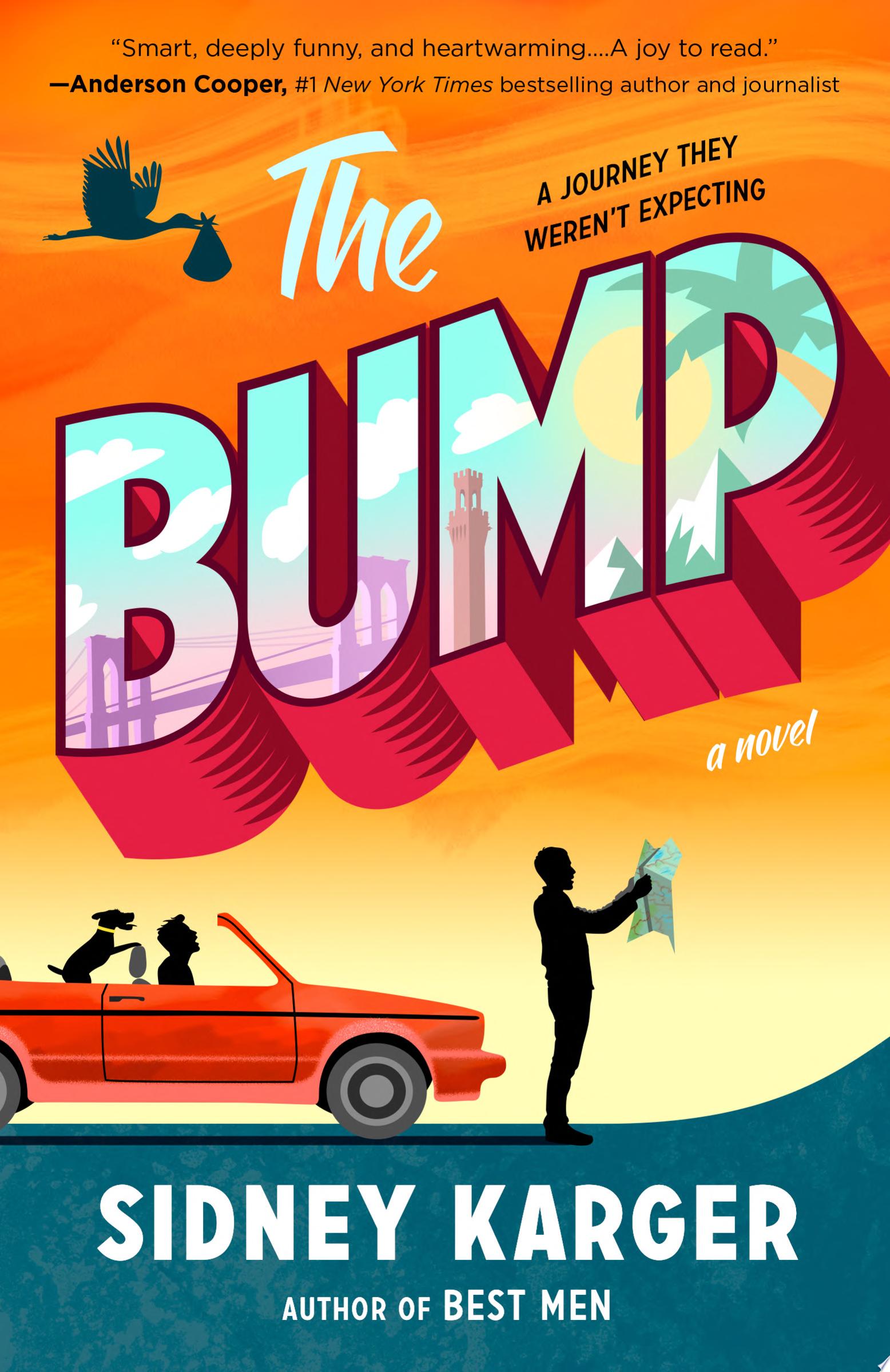 Image for "The Bump" Outlined figure of a man holding out a baby while behind him is a red car with two figures inside