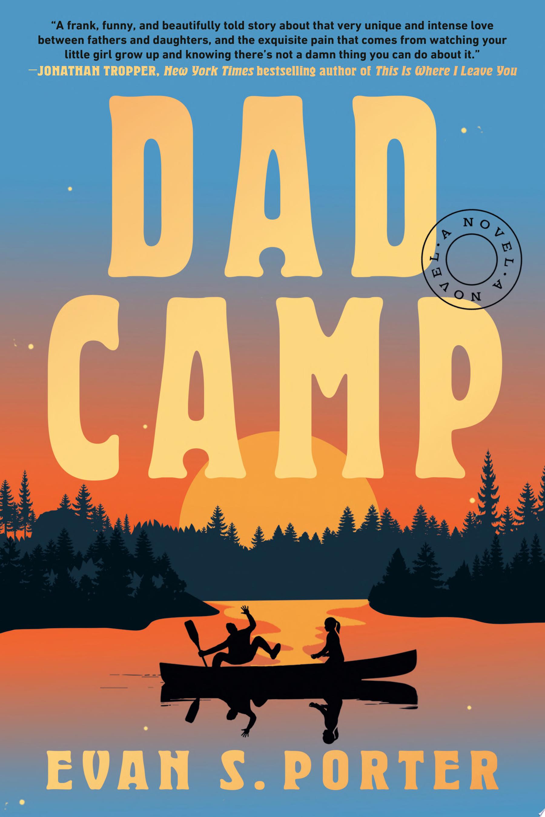 Image for "Dad Camp" A canoe with two rowers on a lake set against an orange sunset
