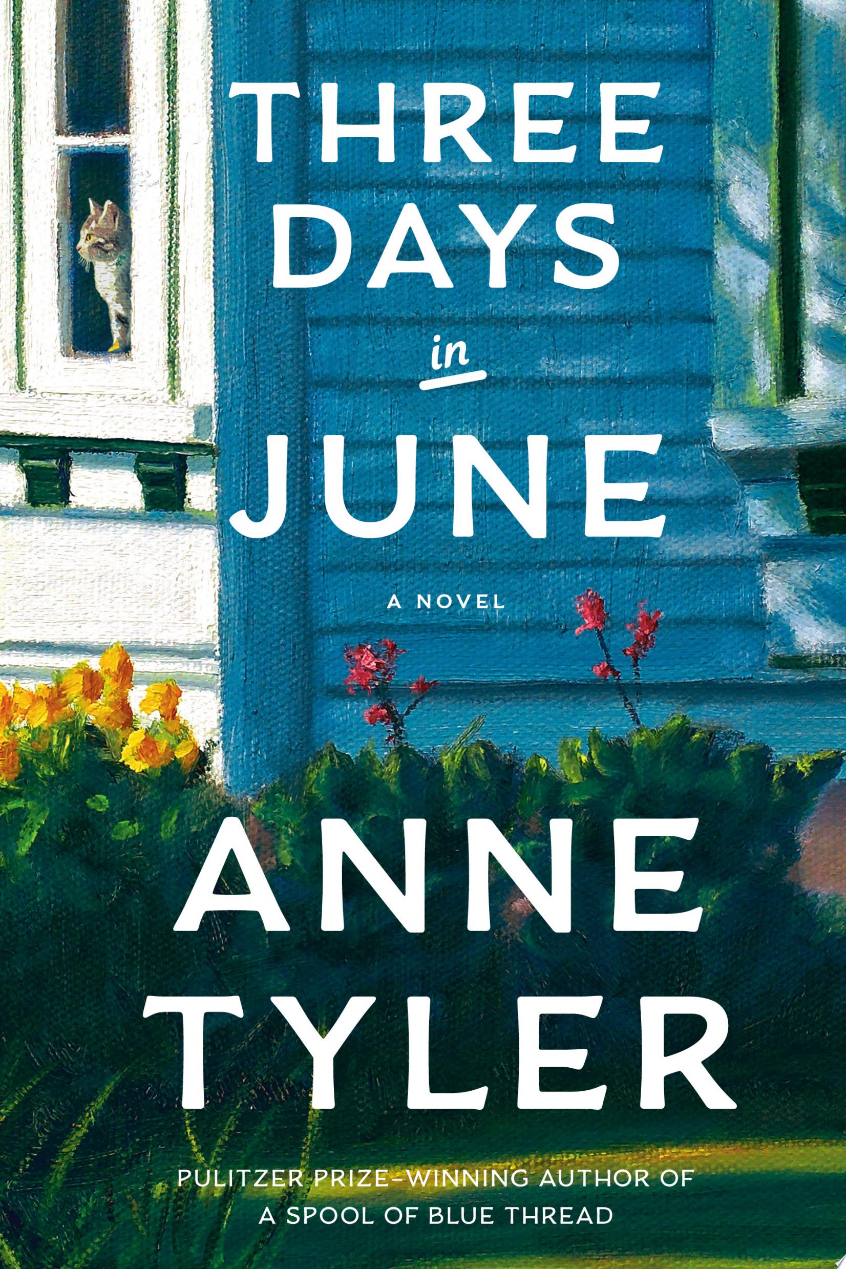 Image for "Three Days in June" Shows the siding of blue house with a window outlined in white and a bicycle leaning against green hedges