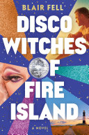 Image for "Disco Witches of Fire Island" pinwheel of blue and purple swatches with two spaces showing a man and a shore landscape and the face of a drag queen 