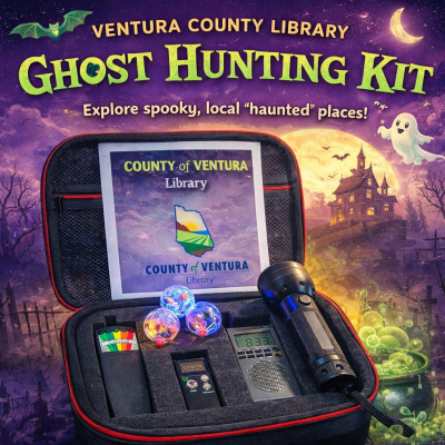 Ventura County Library - Ghost Hunting Kit graphic showing a castle, flashlight, and other tools.