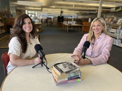 Photo of Tyler Pineda at City of Ventura and VCL Director Nancy Schram sitting during the podcast interview
