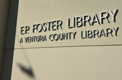 Close-up of E.P. Foster Library name sign