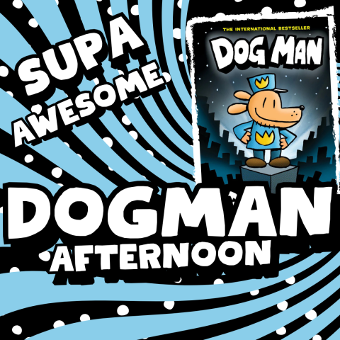 Supa Awesome Dog Man Afternoon. Front book cover of Dogman by Dav Pilkey. Black, blue swirly background illustrations.
