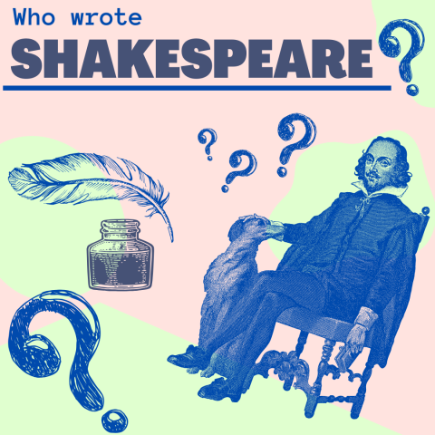 Who wrote Shakespeare? Pastel background with blue stamped image of Shakespeare and writing implements.