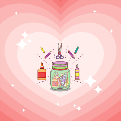 crafting supplies with a heart background