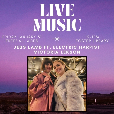 Live Music with Jess Lamb. Purple and pink background with photos of singers.