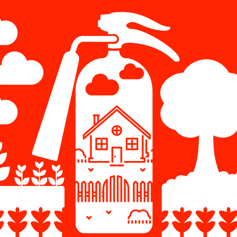 Red background with white illustrations of a fire extinguisher with a home and  trees and flowers.