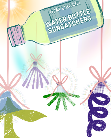 Ojai Library water bottle suncatchers. Illustrations of artful suncatchers with pastel colors.