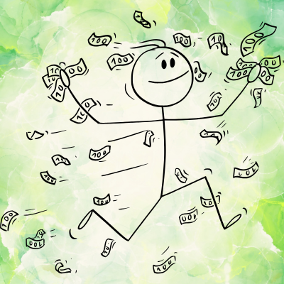 A stick figure person running to catch money