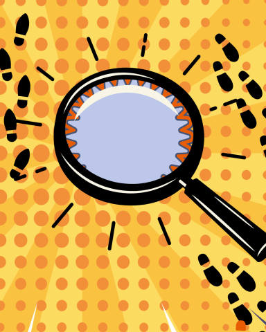 Illustration of a magnifying glass and tiny footprints.