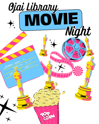 Ojai Library Movie Night. Colorful cinema themed illustrations.