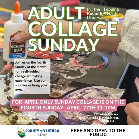 Text Adult Collage Sunday. Background of a person working on a collage.