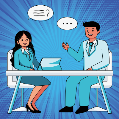 a man and woman sitting at a table conducting an interview