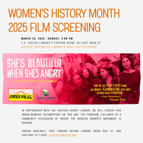 WOMEN'S HISTORY MONTH 2025 SCREENING TEXT GRAY BACKGROUND RED IMAGE WITH WOMEN  THE TITLE OF THE MOVIE IS " SHE'S BEAUTIFUL WHEN SHE'S ANGRY"