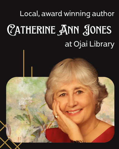 Local, award winning author Catherine Ann Jones at Ojai Library. Black background with a smiling elder woman.