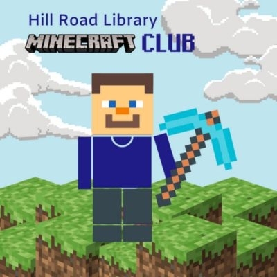 Hill Road Library minecraft club logo - minecraft character holding a pickaxe