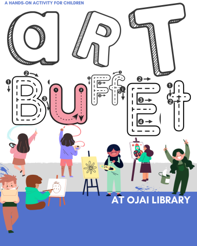 A hands-on activity for children. Art Buffet at Ojai Library. Smiling children doing illustrations.