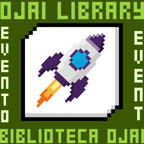 Ojai Library event, biblioteca ojai evento. Pixel style frame and purple rocket.