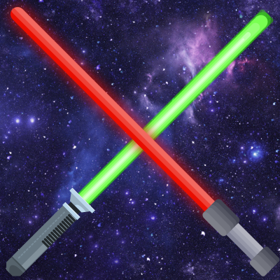 Two lightsabers with a space background