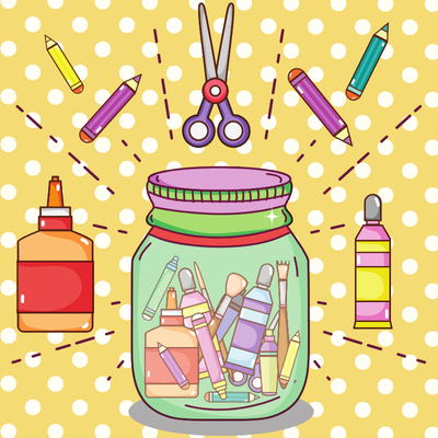 jar with arts and crafts tools, surrounded by more tools