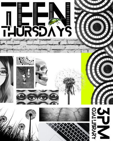 Teen Thursdays 3pm Ojai Library. Black and white photos avant-garde style with a colorful scarab beetle.