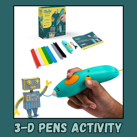 Image of 3D pen with supplies with graphic of a small robot