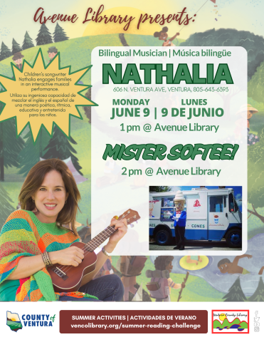 Bilingual musician Nathalia performance on June 9 at 1:00pm and Mister Softee visit at 2:00pm.