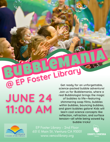 children reaching for bubbles Bubblemania at Foster Library