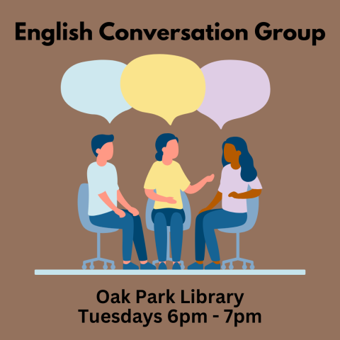 Graphic of three adults talking - English Conversation Group - Oak Park Library