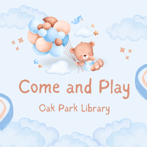 Graphic of a baby bear with balloons in clouds - Come and Play