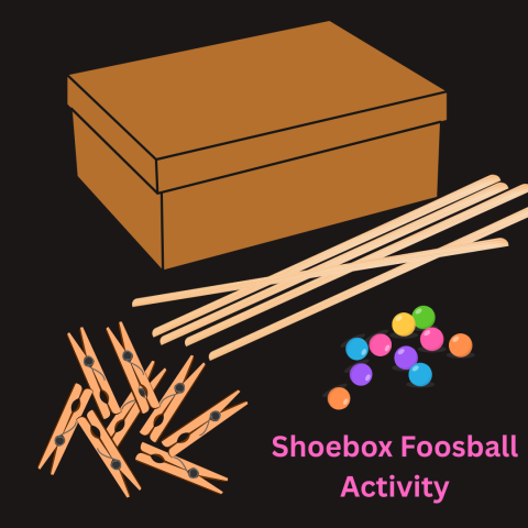 graphics of a shoebox, clothespins, bouncy balls, and sticks