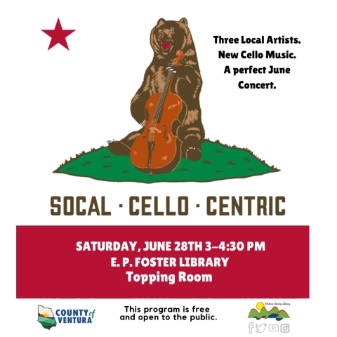 Brown bear with cello sitting on green grass. Brown text SOCAL - CELLO - CENTRIC. 