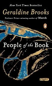 blue ancient art on black background, with book title "People of the Book" by Geraldine Brooks