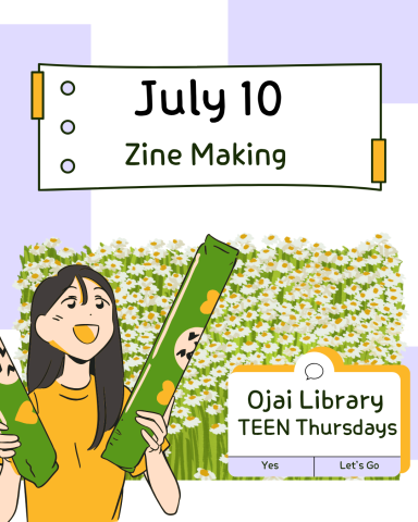 July 10 Zine Making. Ojai Library TEEN Thursdays. Smiling teen with paper.