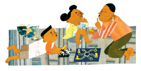 Oge Mora illustrated graphic depicting family on a carpet playing board games