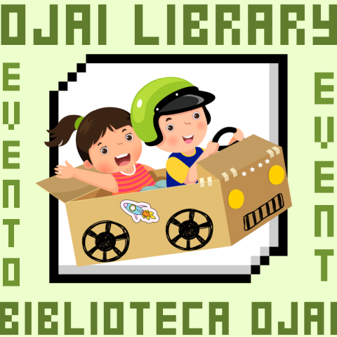 Ojai Library event, biblioteca ojai evento.Pixel style frame, with two children smiling in a cardboard race car. 