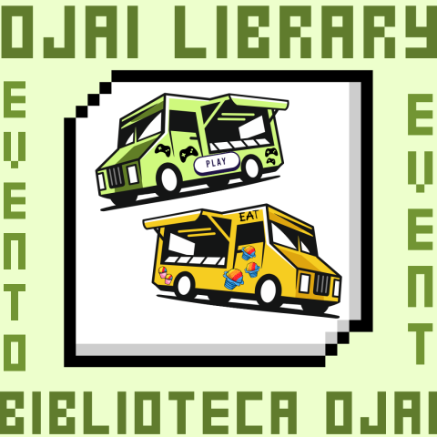 Ojai Library event, biblioteca ojai evento.Pixel style frame, with two trucks with ice cream and video games. 