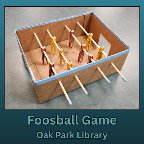 Image of a shoebox Foosball Game with clothespins - Oak Park Library
